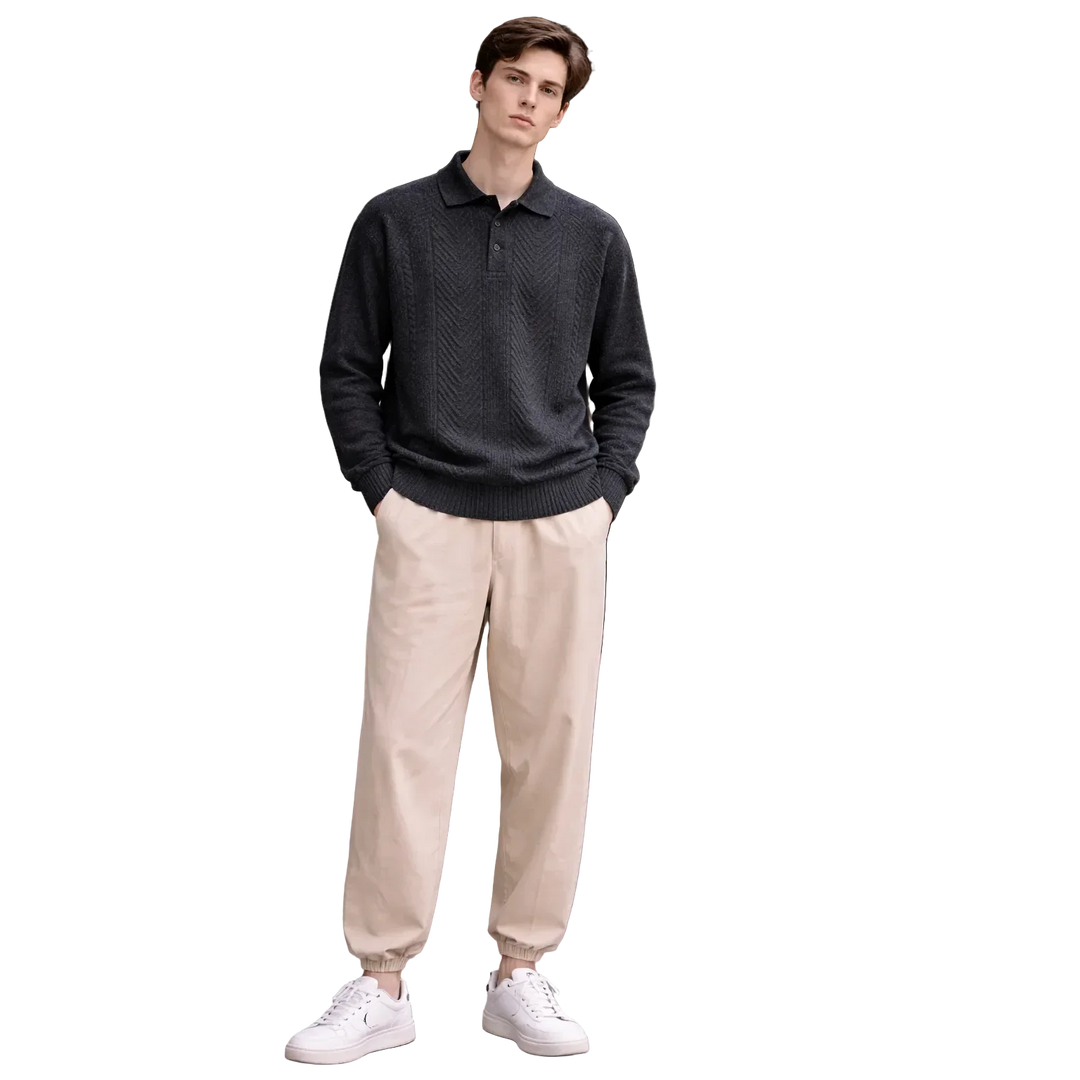 Rovelli casual menswear with dark sweater, beige jogger pants, and white sneakers