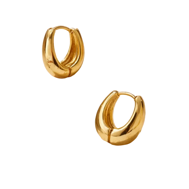 Rovelli gold chunky hoop earrings pair on black background