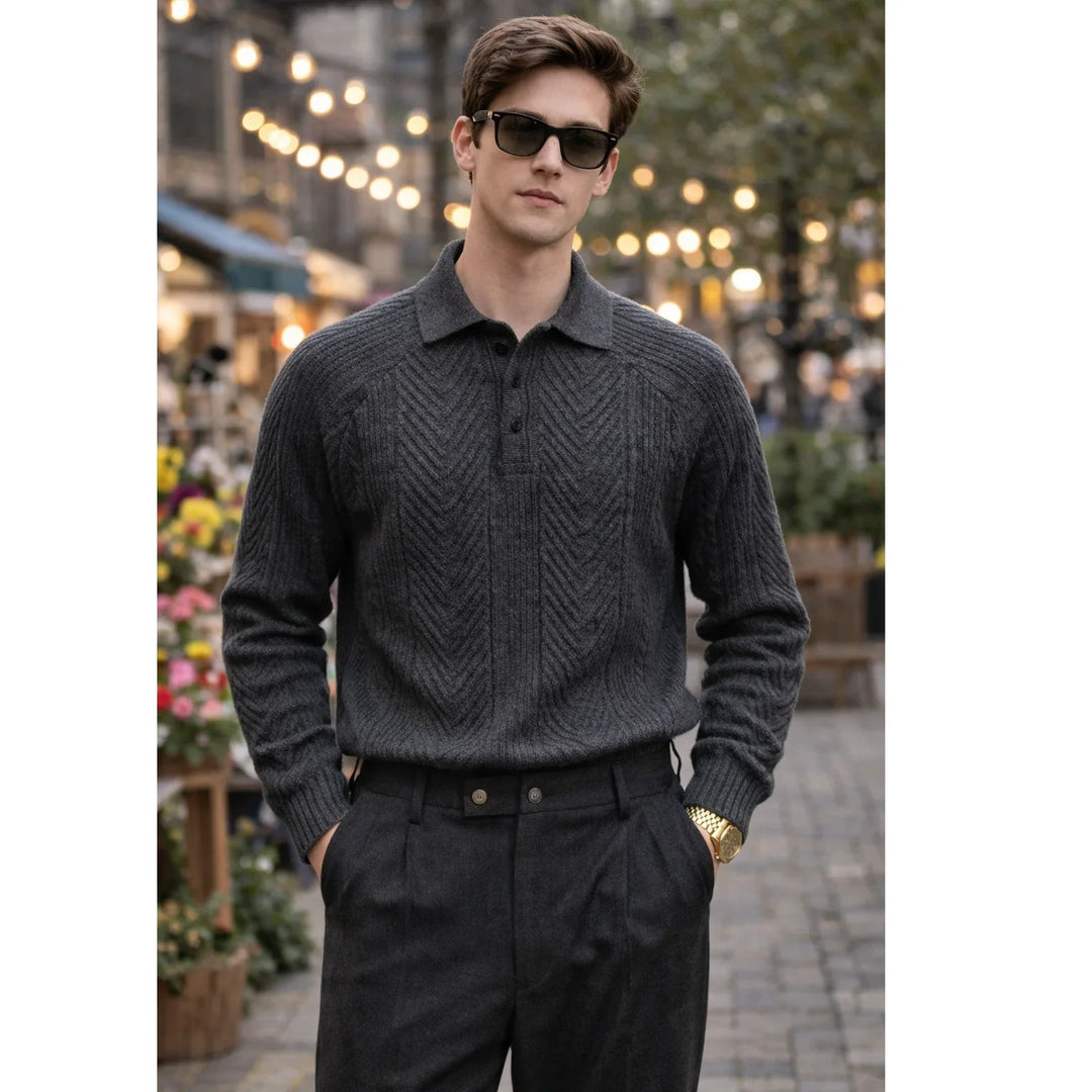 Man in dark knit sweater, pleated trousers, and sunglasses in stylish outdoor setting, Rovelli