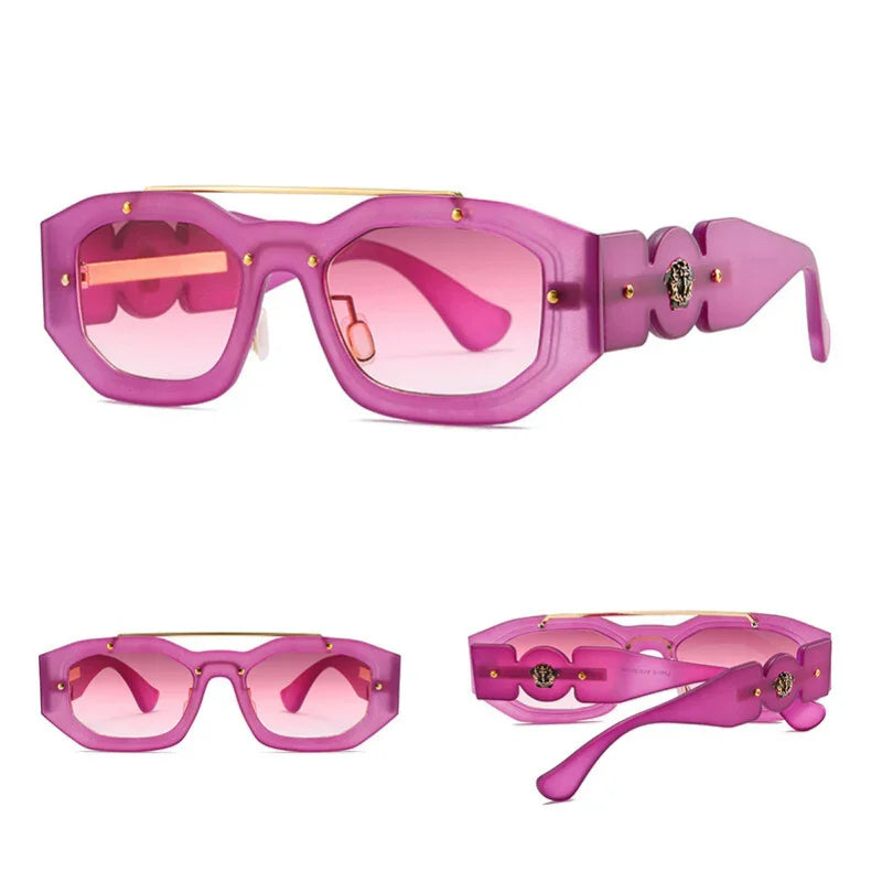 Bold, pink geometric sunglasses with thick frames, gold accents, and UV400 protection tinted lenses shown from the front, side, and angled view. Decorative details featured on the sides of the arms.