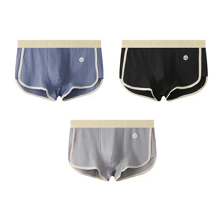 Rovelli men's ribbed boxer briefs in blue, black, and gray with beige trim, front view.