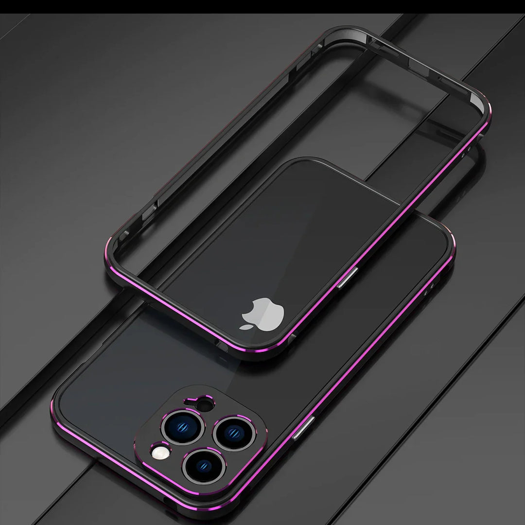 A black smartphone with a triple camera and a metallic pink-edged aluminum case featuring drop protection is shown lying on a glossy black surface. The durable phone case is separated above the phone, revealing the Apple logo.