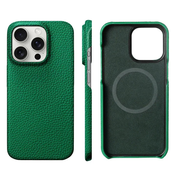 Rovelli green leather MagSafe iPhone case, textured finish, shown front, side, interior