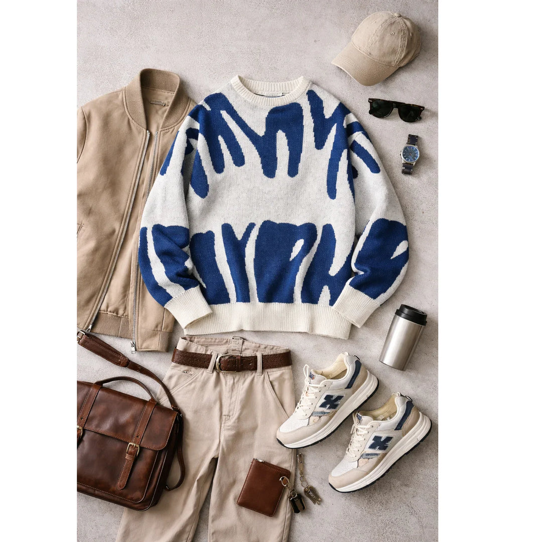 Rovelli men's casual outfit with abstract sweater, khaki pants, sneakers, and accessories