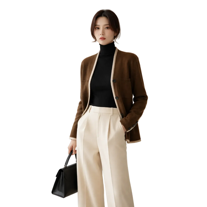 Woman in brown blazer, black turtleneck, cream pants holding black handbag, Rovelli fashion