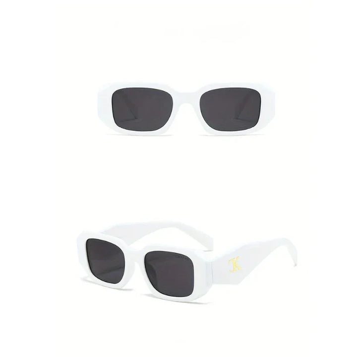 Two views of a pair of oversized acetate sunglasses with black UV400 protection lenses. One view shows the front, while the other highlights the side with reinforced hinges and a gold K emblem on the temple.