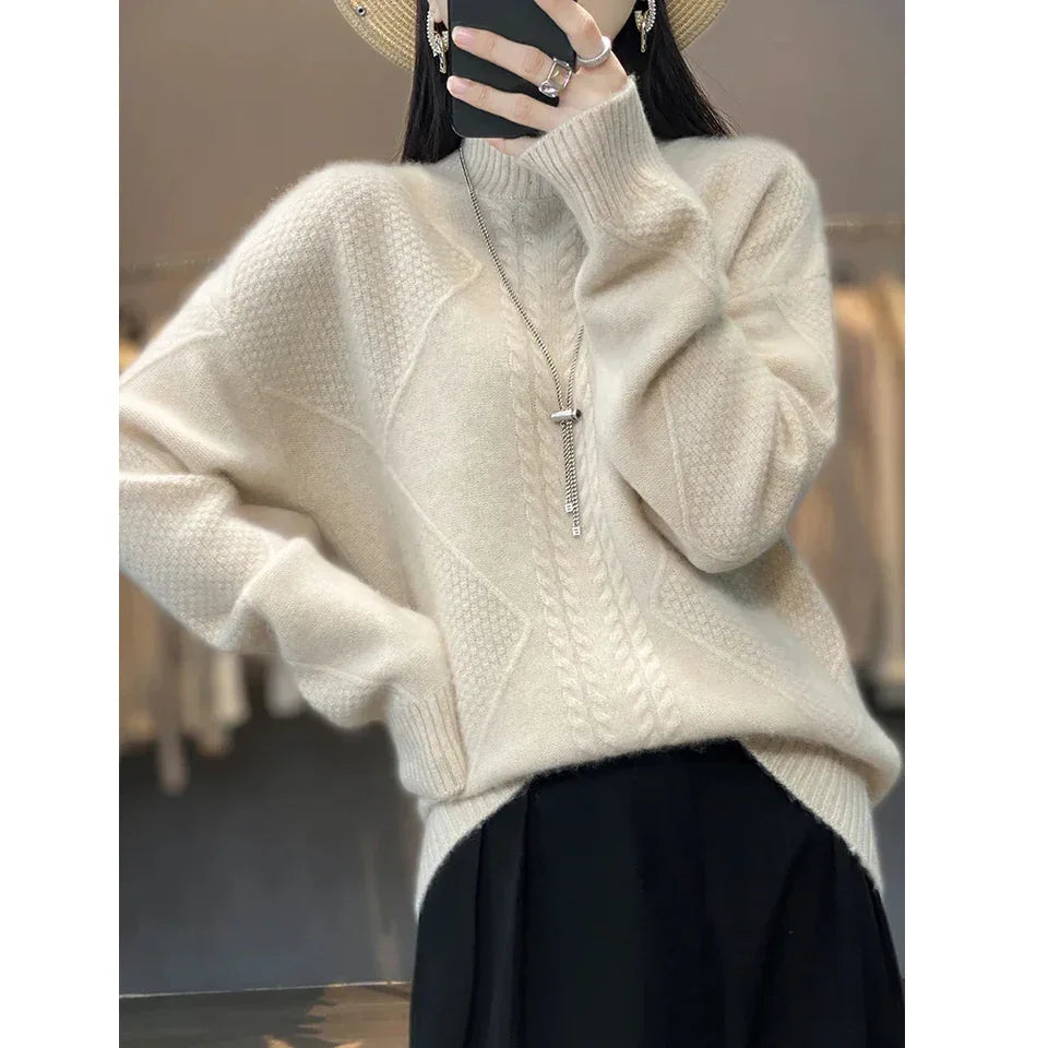 Rovelli cream knit sweater with textured cable patterns, worn by woman indoors
