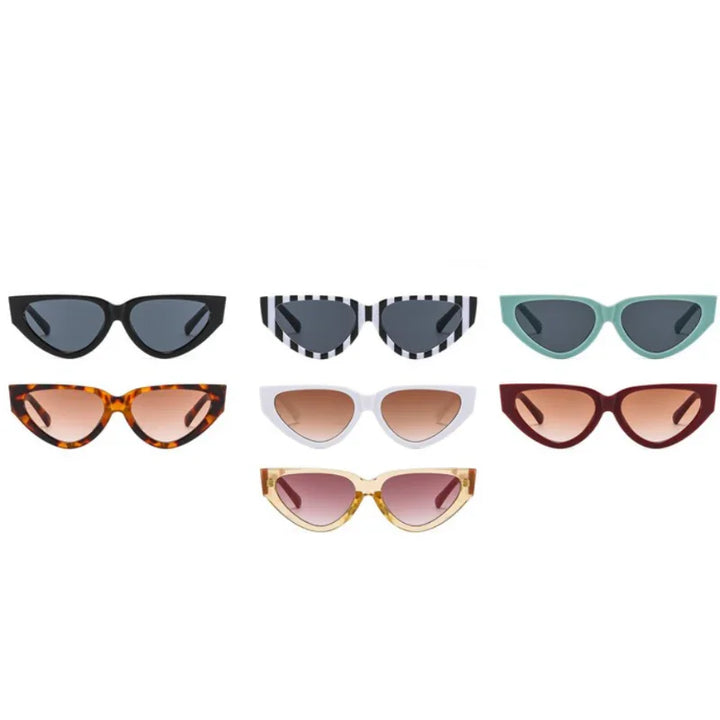 Seven pairs of vintage cat eye sunglasses, featuring bold frames in various colors and patterns, are arranged in three rows on a white background. Each pair offers UV400 protection for stylish and safe sun coverage.