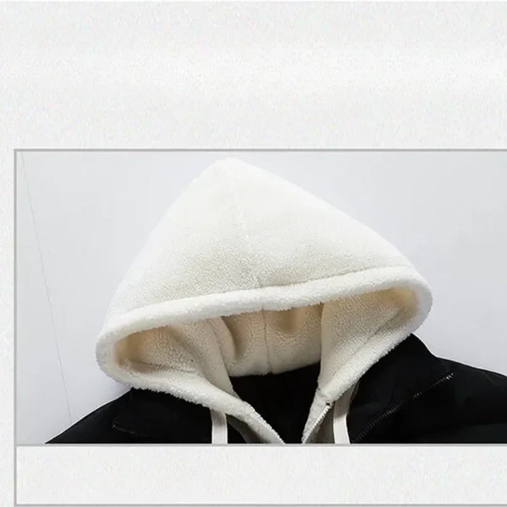 A close-up of a hooded jacket with a soft, white, plush hood and adjustable drawstring hood. The body appears to be black, and the fleece-lined interior ensures warmth. The hood is up, covering the collar area.
