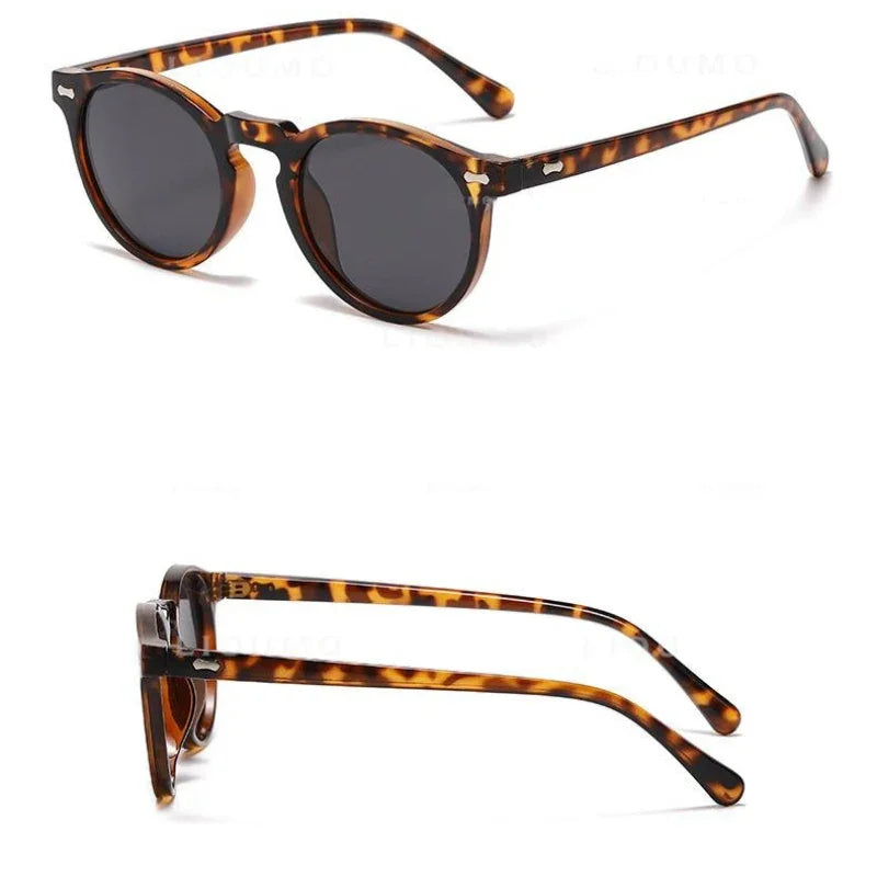 A pair of round frame sunglasses with dark lenses and tortoiseshell patterned frames, offering UV400 protection, shown from a front-angle view and a side view on a white background.