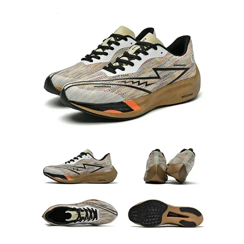 A pair of stylish athletic running shoes with a textured multicolor upper, black zigzag design, tan sole, and orange accents, featuring a shock-absorbing sole for comfort. Shown from various angles: side, top, back, and bottom views.