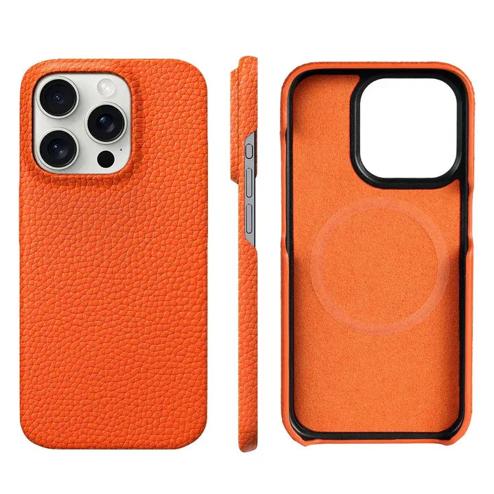 Rovelli orange leather iPhone case with textured finish, MagSafe compatible, front and back views