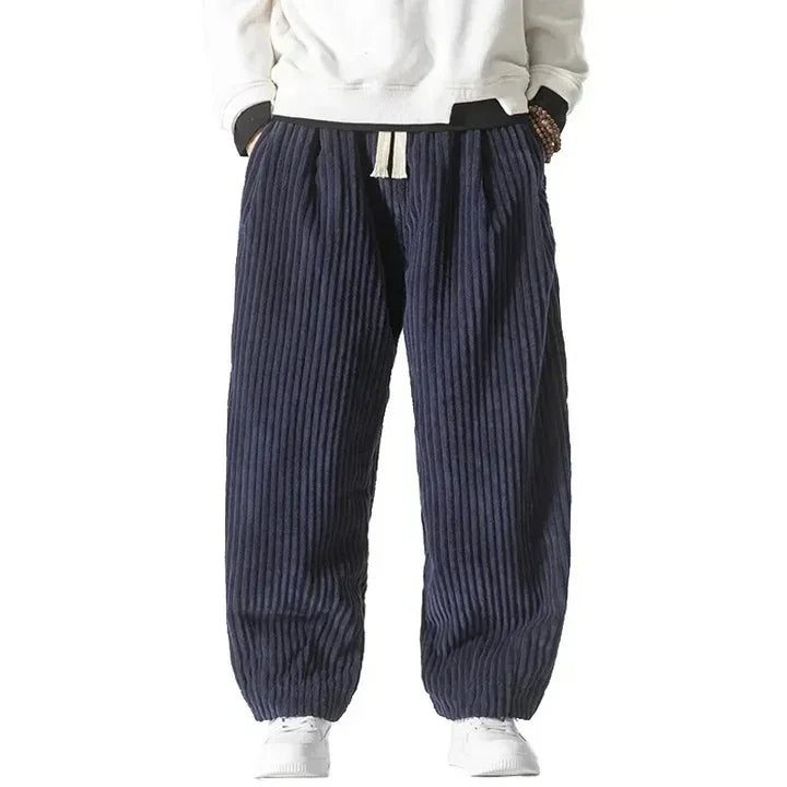 Rovelli navy blue corduroy pants with drawstring waist and elastic cuffs, casual fit