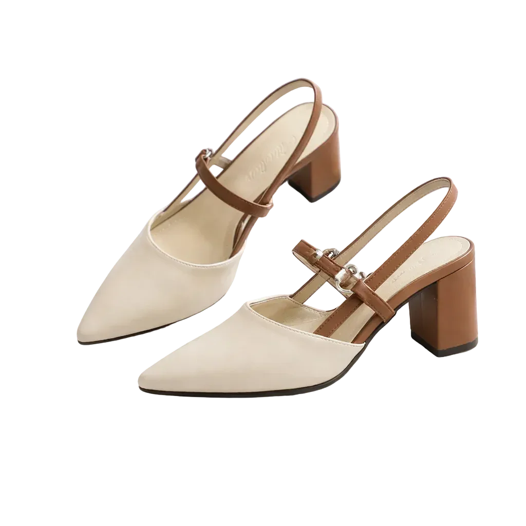 Rovelli beige pointed-toe block heel slingback shoes with brown straps