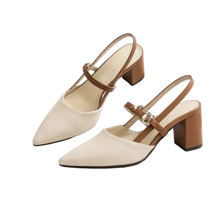 Rovelli beige pointed-toe block heel slingback shoes with brown straps