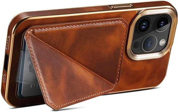A smartphone with a brown leather iPhone case featuring a foldable card holder attached to the back, partially open to reveal a card inside. The phone has dual rear cameras.
