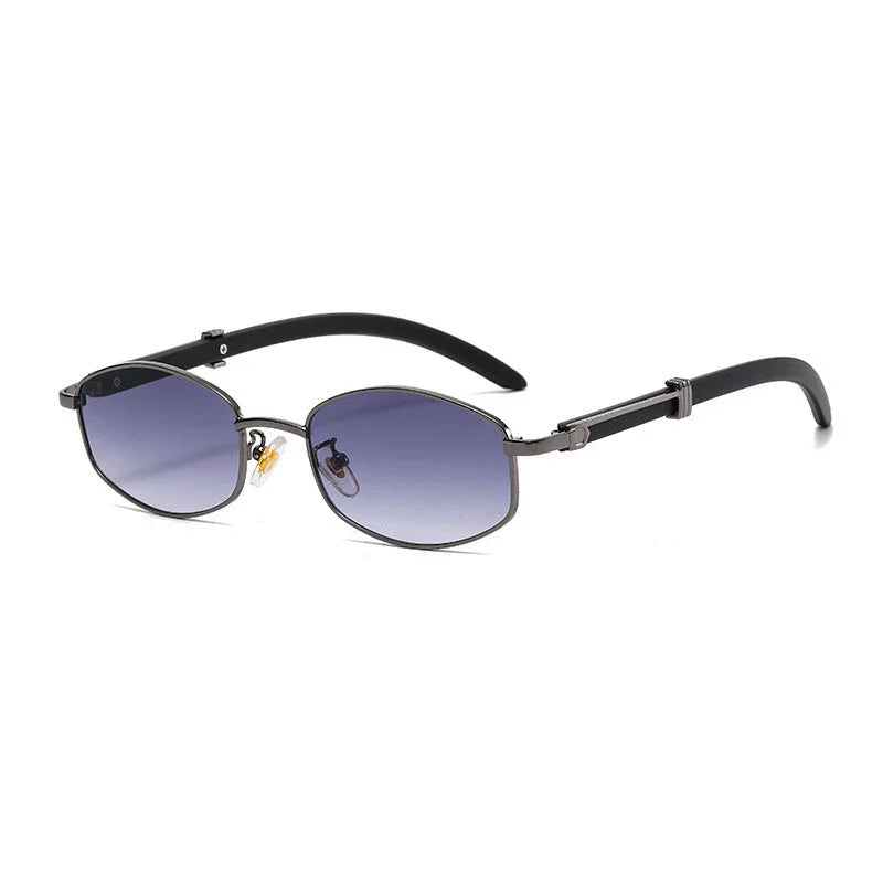 A pair of vintage-inspired sunglasses with thin, gold-tone frames and dark gradient lenses, featuring black arms, adjustable nose pads, and UV400 protection.