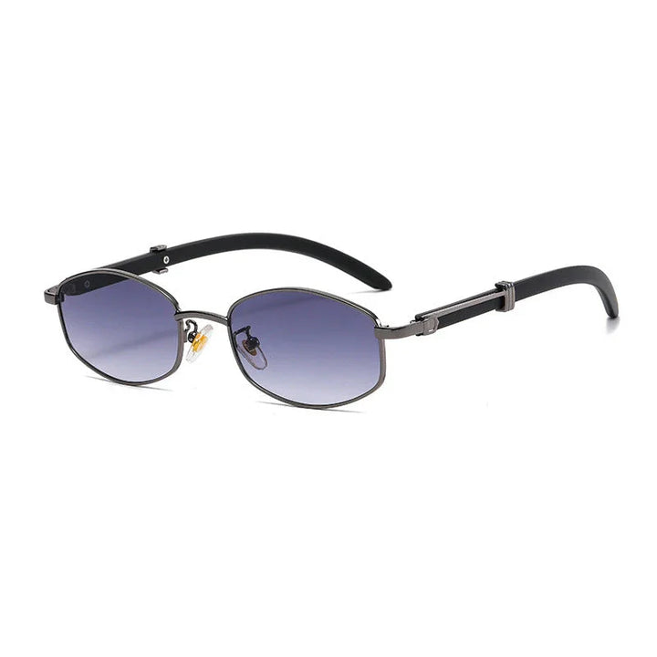 A pair of vintage-inspired sunglasses with thin, gold-tone frames and dark gradient lenses, featuring black arms, adjustable nose pads, and UV400 protection.