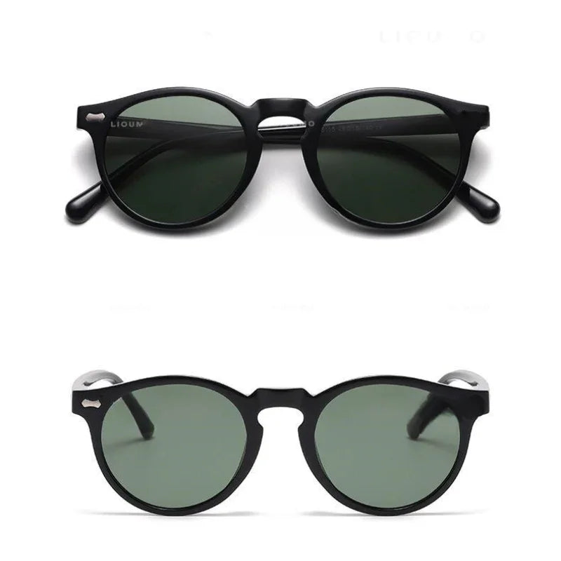 Two pairs of black round frame sunglasses with dark lenses are shown against a white background, one pictured from the front and the other from the back—classic, trendsetting sunglasses offering UV400 protection.