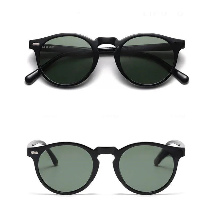 Two pairs of black round frame sunglasses with dark lenses are shown against a white background, one pictured from the front and the other from the back—classic, trendsetting sunglasses offering UV400 protection.