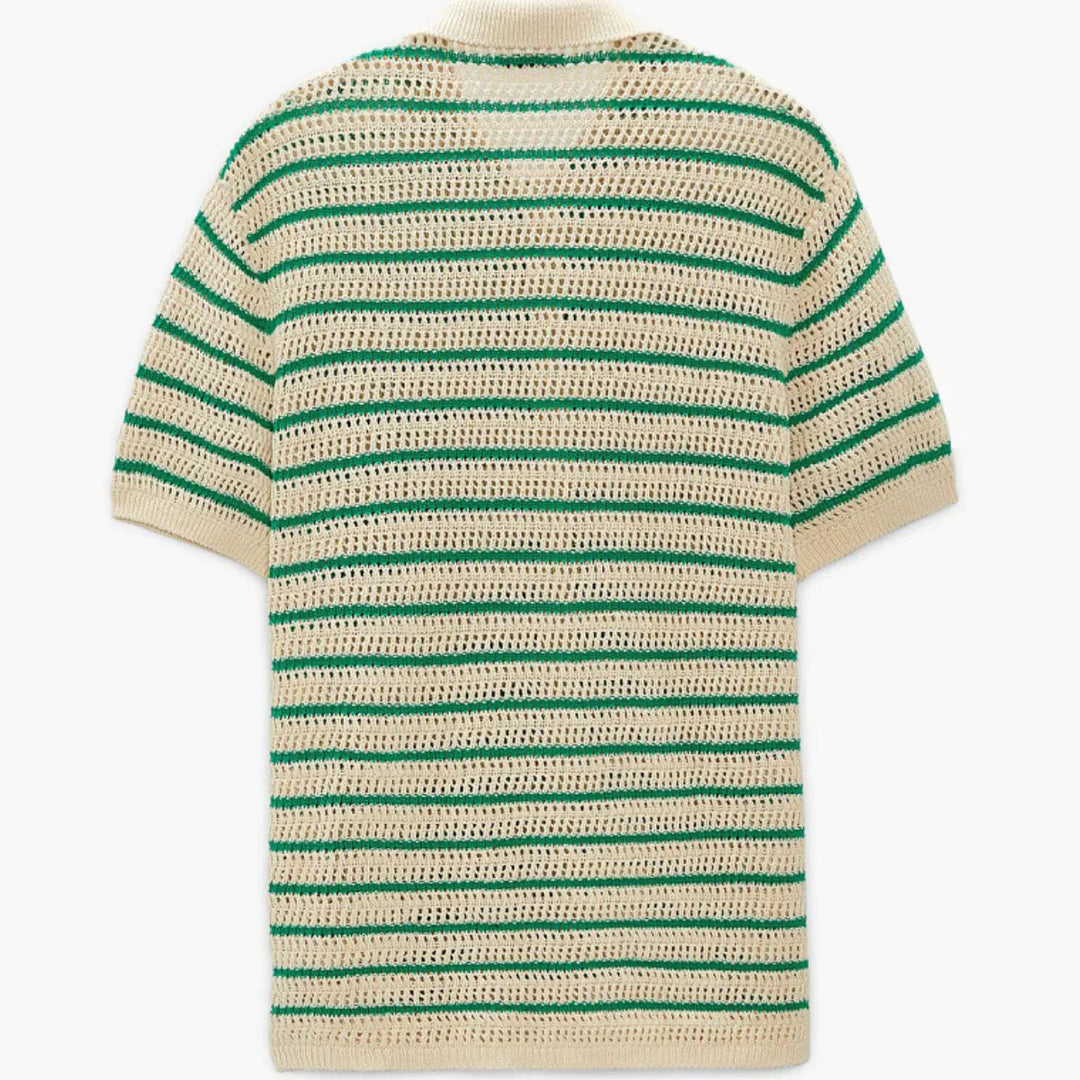 Back view of a short-sleeve, cream-colored crochet sweater with horizontal green and dark green stripes. This retro knit polo features a loose, airy open-knit design, perfect for effortless streetwear style.