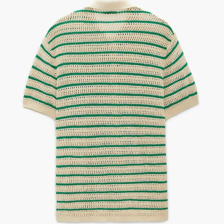 Back view of a short-sleeve, cream-colored crochet sweater with horizontal green and dark green stripes. This retro knit polo features a loose, airy open-knit design, perfect for effortless streetwear style.