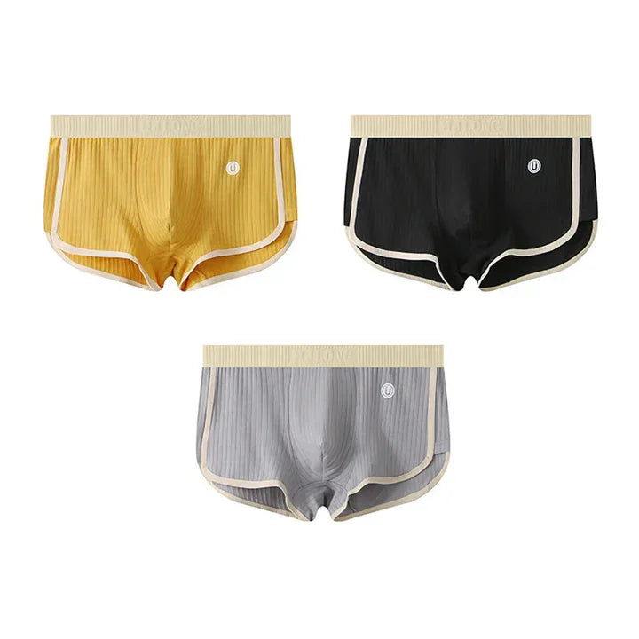 Rovelli men's boxer briefs in yellow, black, and gray with ribbed texture and contrast trim