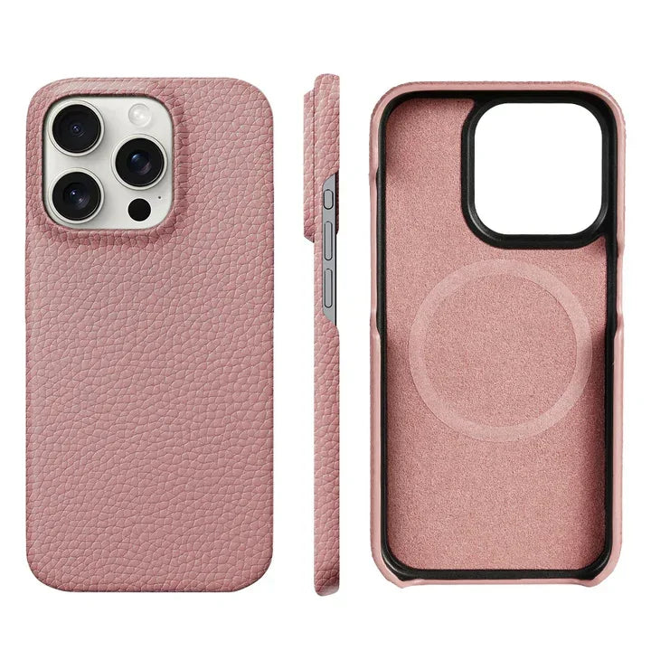 Rovelli pink leather textured iPhone case with MagSafe interior view