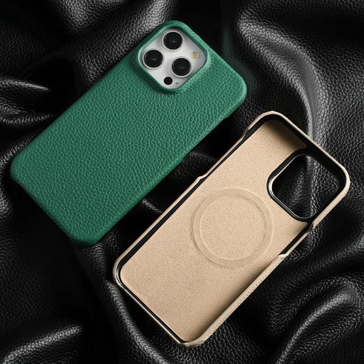 Rovelli green leather iPhone case with MagSafe, textured cover on black leather surface
