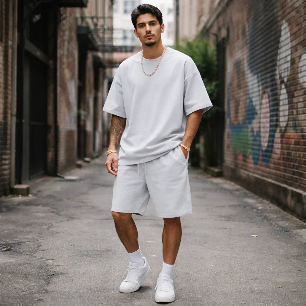 Man in white t-shirt and shorts, streetwear style, urban alley background, Rovelli fashion