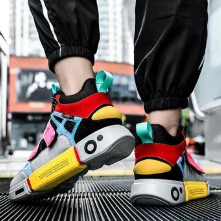 A person wearing black joggers stands on an escalator, showcasing Extreme VS7 Sneakers—lightweight, breathable streetwear sneakers with red, yellow, blue, and black accents against a blurred urban background.