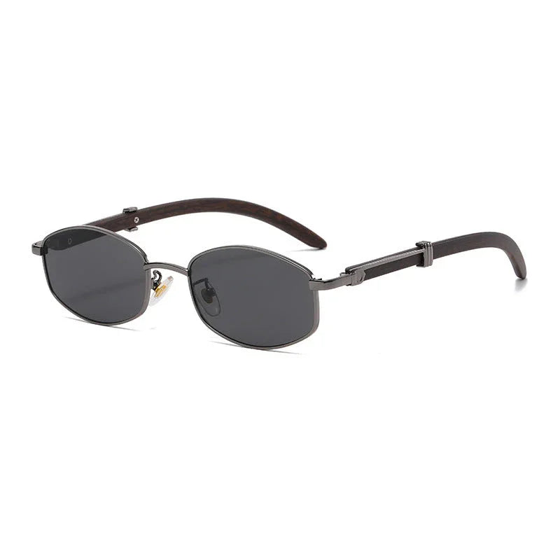 A pair of stylish, vintage-inspired sunglasses with dark oval lenses, gold-tone frames, and curved brown arms. Enjoy classic flair and UV400 protection for your eyes.