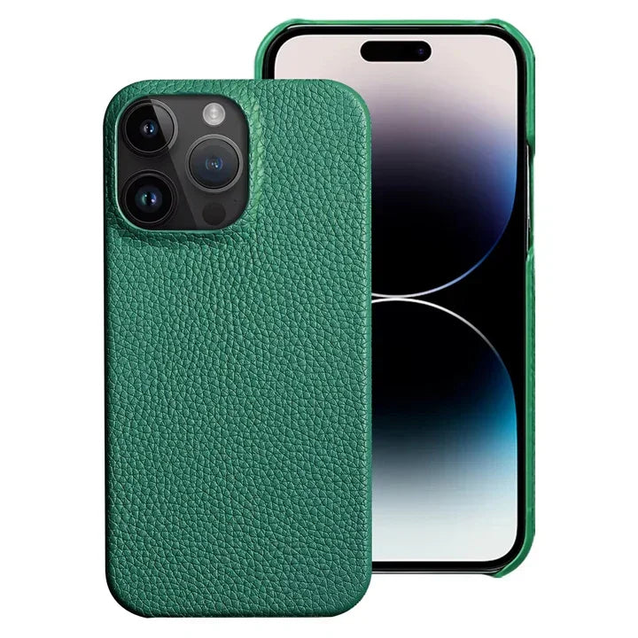 Green leather iPhone case with textured finish, displayed on a modern smartphone, Rovelli