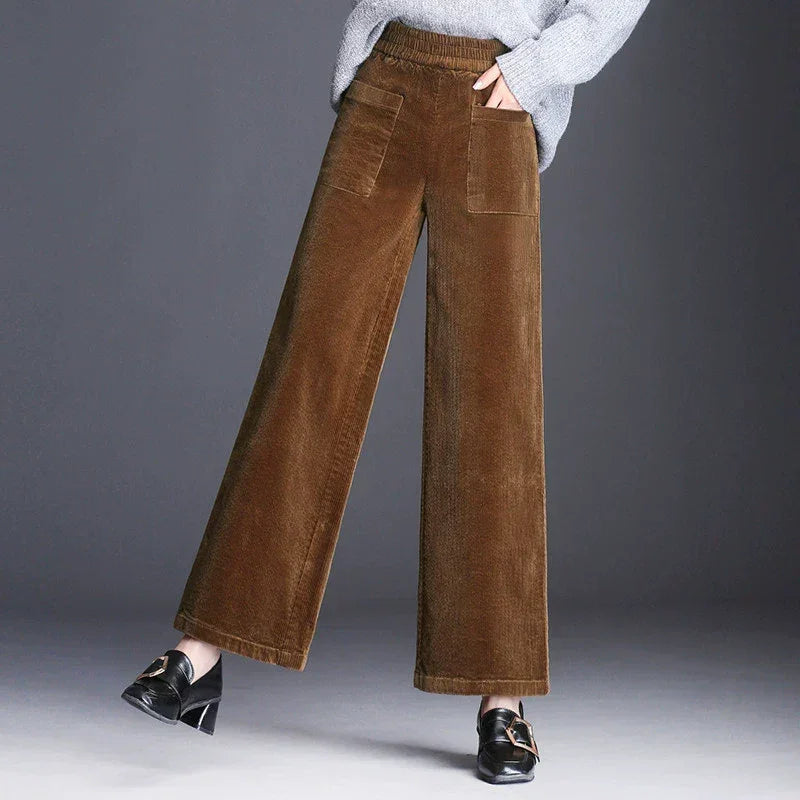 Rovelli brown corduroy wide-leg pants with patch pockets, styled with loafers and sweater