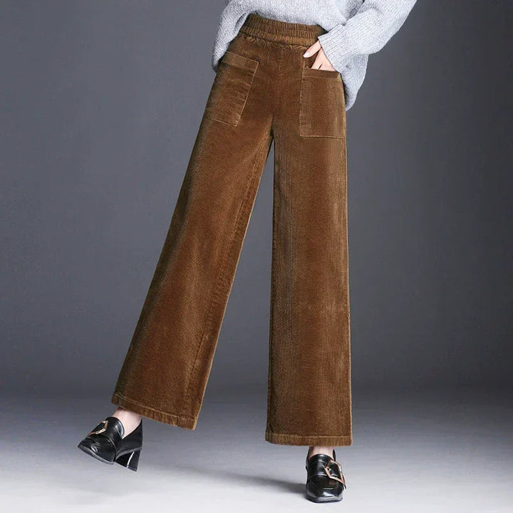Rovelli brown corduroy wide-leg pants with patch pockets, styled with loafers and sweater