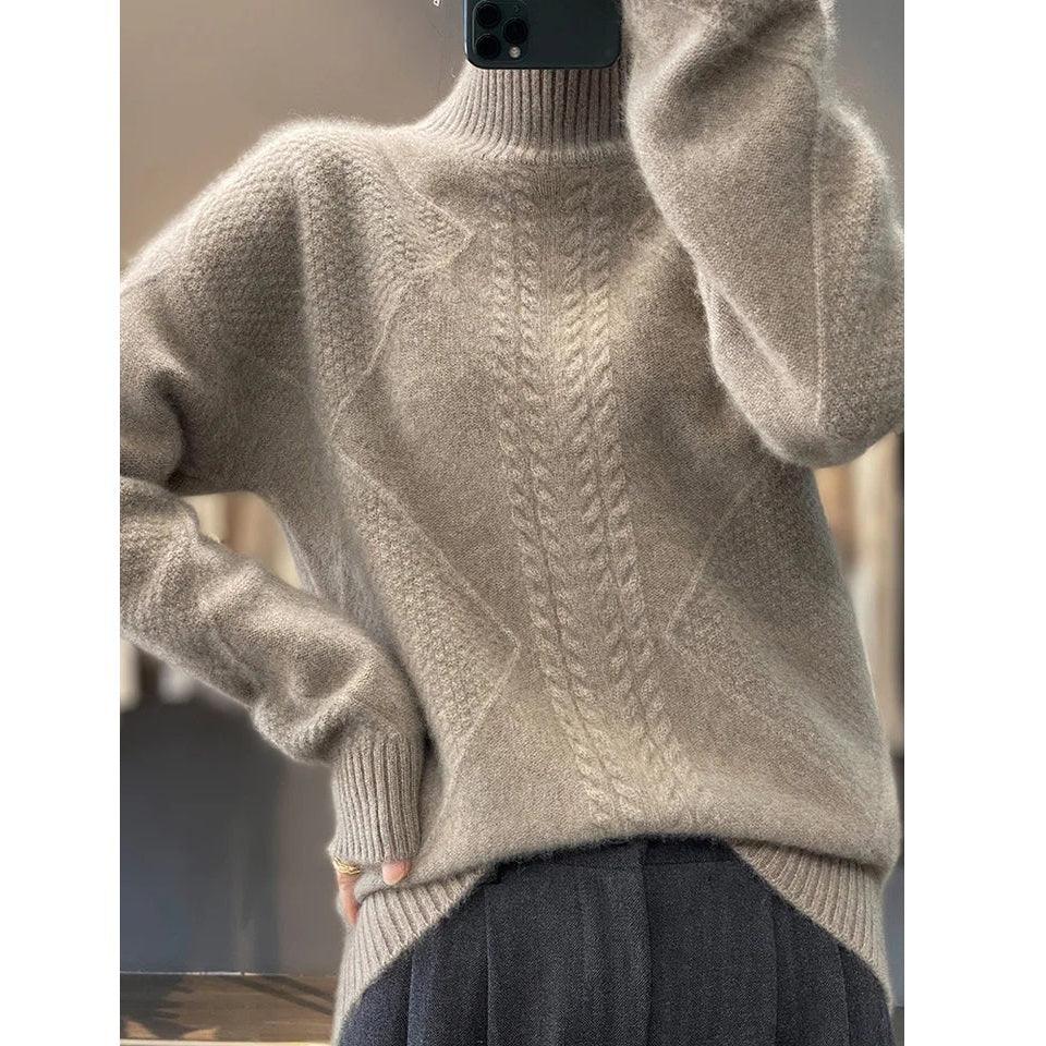 Rovelli beige cable knit sweater with high neck and textured pattern, stylish winter fashion