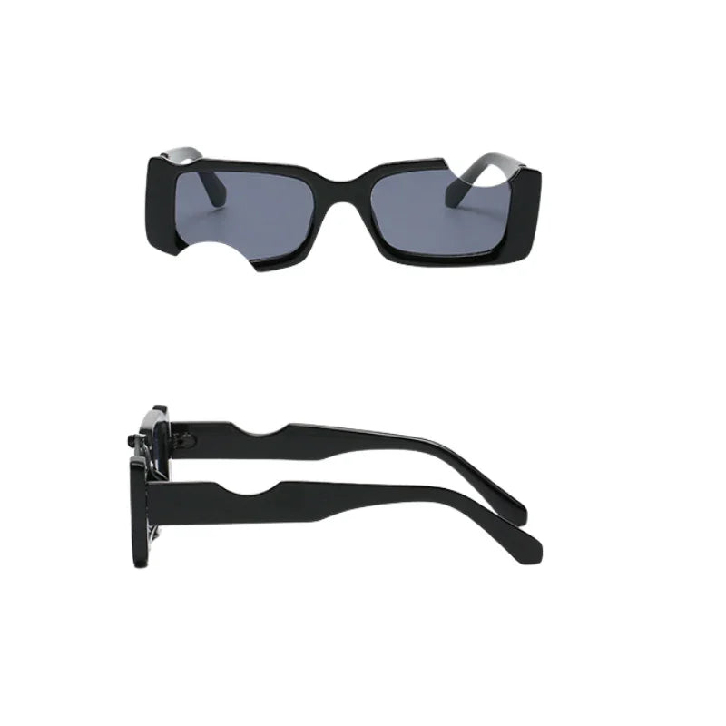 Rectangular black sunglasses with dark lenses shown from the front and side on a white background. The thick, glossy frames offer a modern, bold design and provide UV400 protection for superior eye safety.