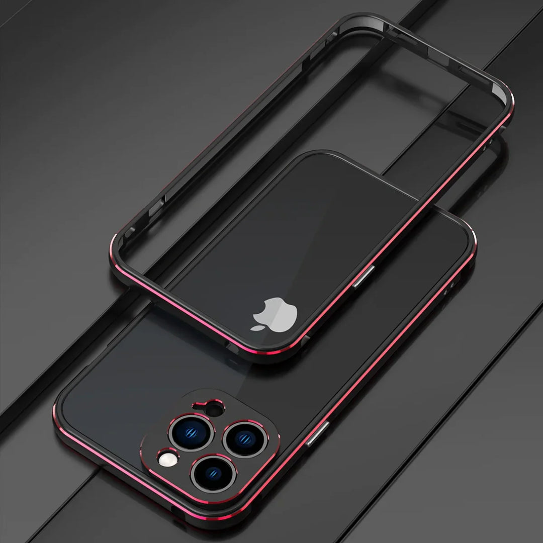 A sleek black smartphone with a triple camera setup and a red-edged durable phone case is placed on a dark, reflective surface. The phone’s Apple logo is visible, and the case, designed for drop protection, is shown partially detached above the phone.