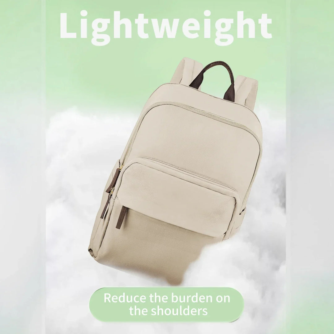 A beige, lightweight durable backpack is pictured floating above clouds with Lightweight above it and Reduce the burden on the shoulders below, suggesting this water-resistant backpack with a laptop compartment is easy to carry.