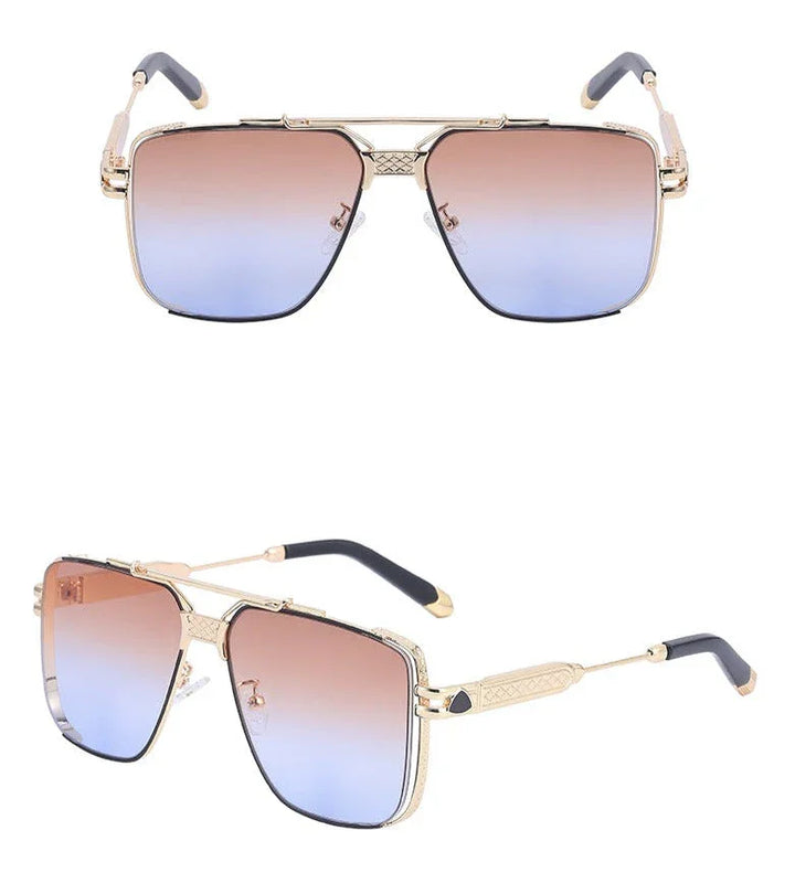 Rectangular vintage sunglasses with gold metal frames and blue-to-brown gradient lenses, shown from both front and angled side views. Featuring UV400 protection, the temples have black tips and a decorative gold pattern.