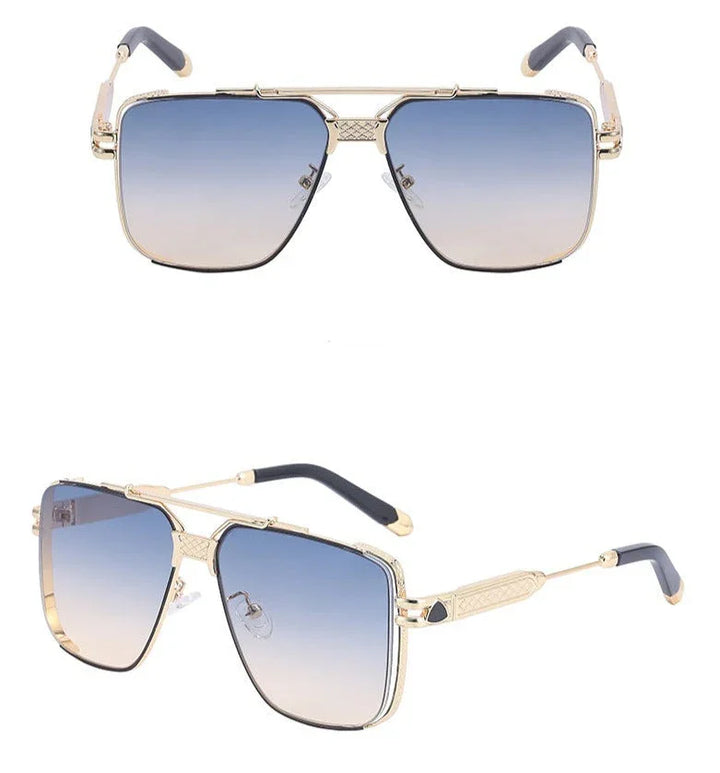 Gold-framed aviator vintage sunglasses with gradient blue to beige, anti-glare lenses are shown from both front and angled side views. The arms feature black tips, decorative detailing near the hinges, and offer UV400 protection.