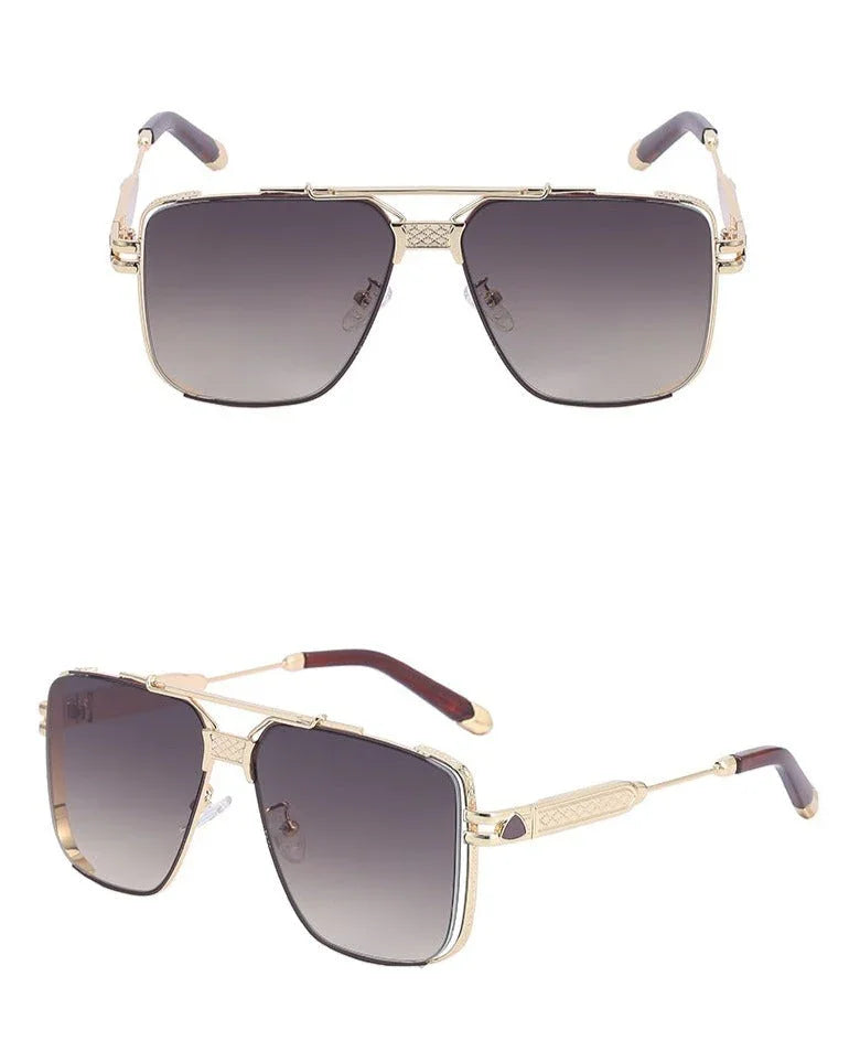 Gold-framed aviator vintage sunglasses with dark gradient, anti-glare lenses shown from the front and side angles, highlighting the detailed temples, UV400 protection, and classic double bridge design.