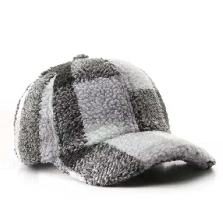 Gray plaid lamb wool baseball cap, thick winter hat for women, casual Rovelli snapback