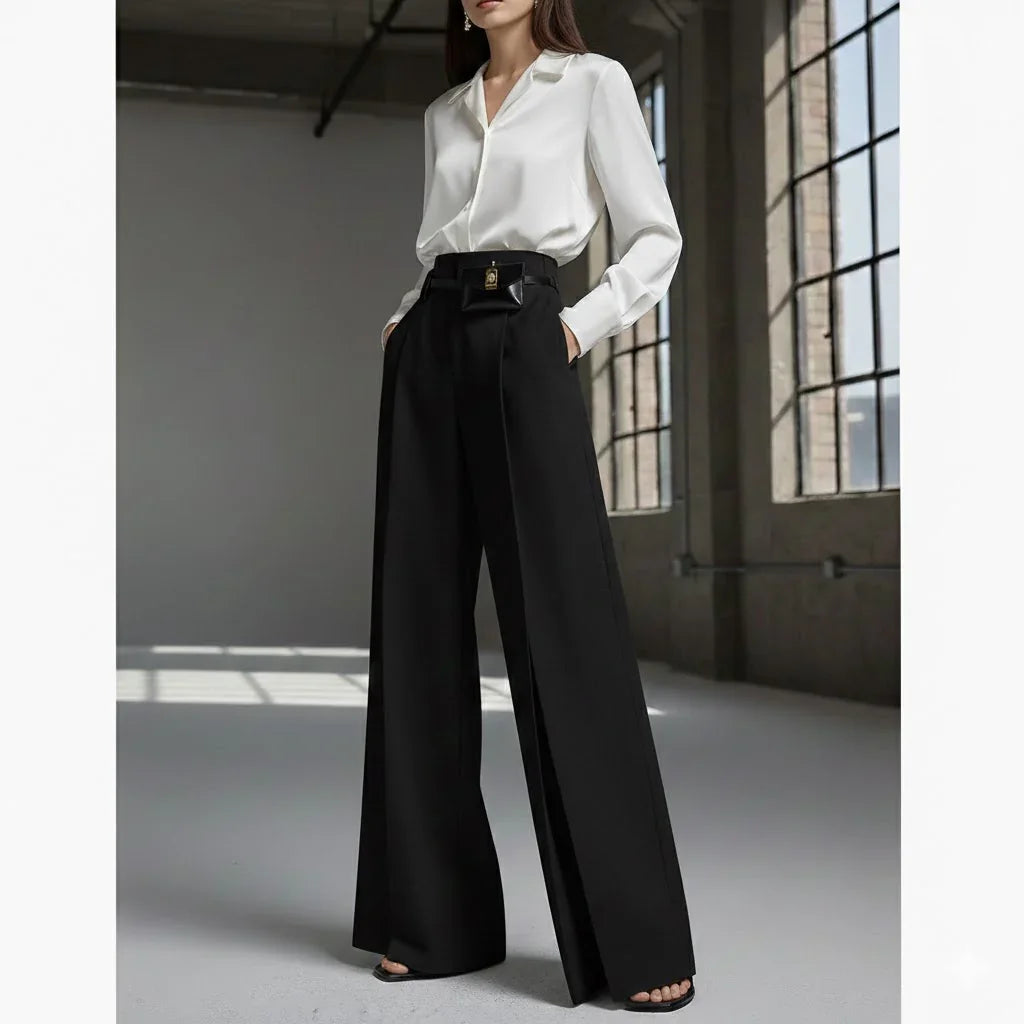 Woman wearing Rovelli black pleated split trousers and white blouse in modern studio
