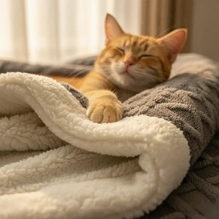 Orange cat sleeping on a soft gray blanket, cozy home setting, Rovelli