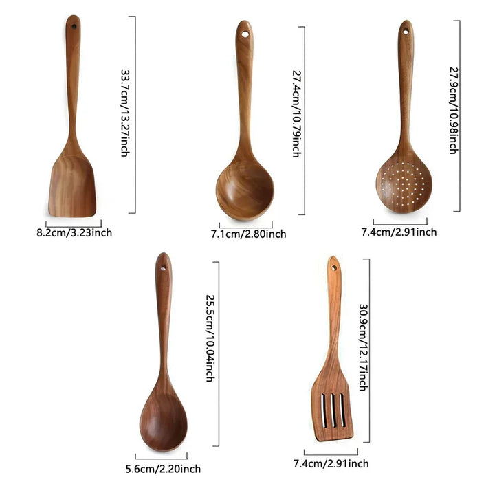 Rovelli wooden kitchen utensils set with measurements, including spatula, spoons, and slotted spoon.
