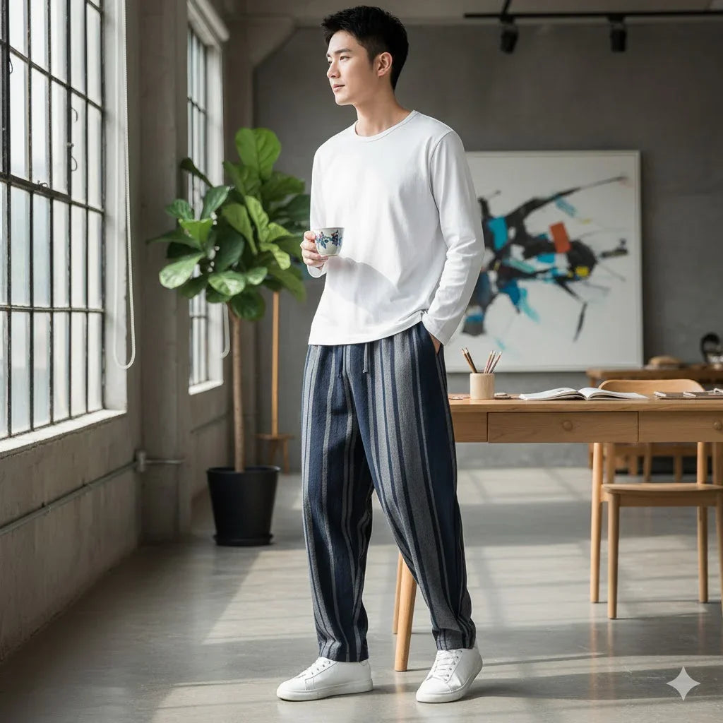Man in blue striped Harajuku trousers by Rovelli, standing in modern studio with natural light