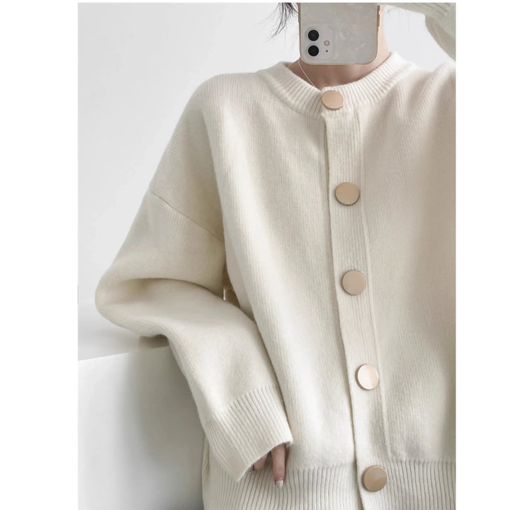 Rovelli cream knit cardigan with large buttons, minimalist style, neutral background