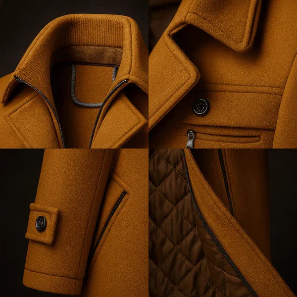 Close-up details of Rovelli brown wool coat with button cuffs, zip pocket, and quilted lining