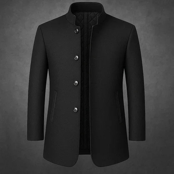 Rovelli men's black mandarin collar coat with buttons and quilted lining